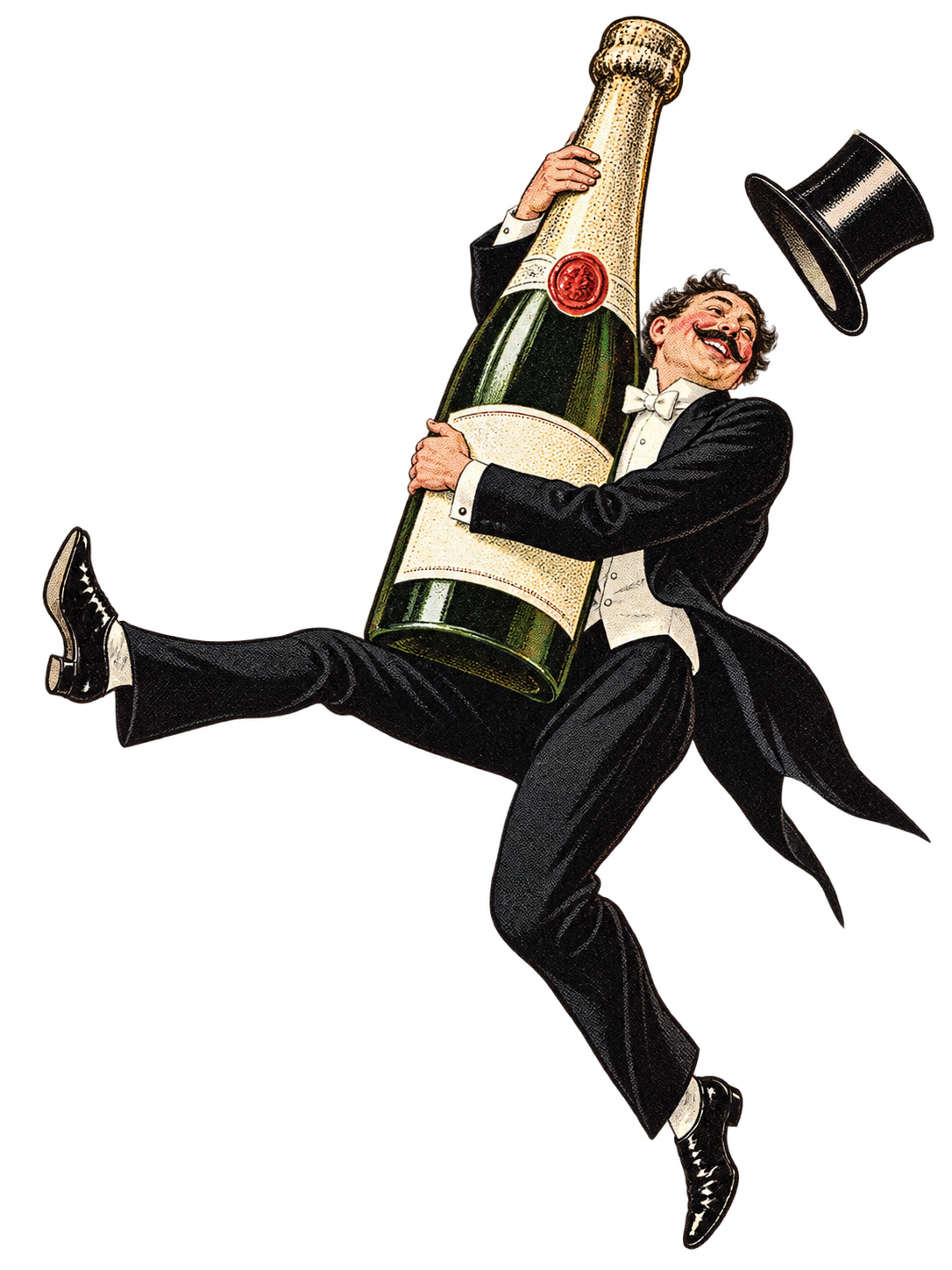 An exuberant gentleman in evening dress dances with an absurdly large champagne bottle.